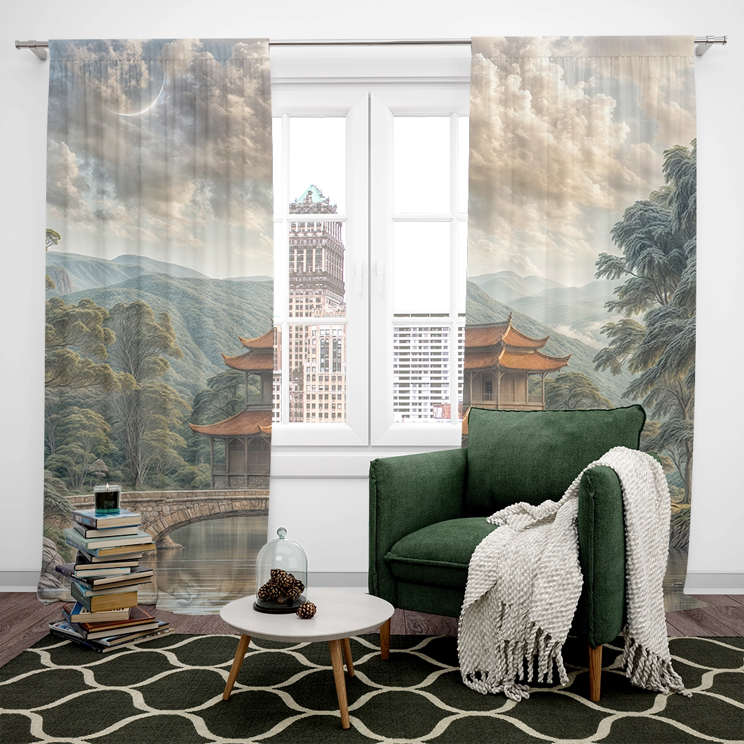 Antik Köprülerin Üzerinde Yükselen Tapınak Manzarası Fon Perde