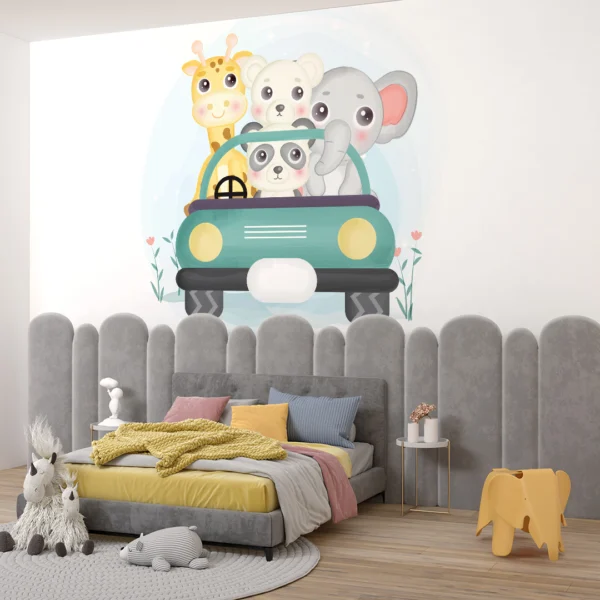 Arabadaki Sevimli Dostlar Zürafa Fil Ayı ve Panda Poster Duvar Kağıdı