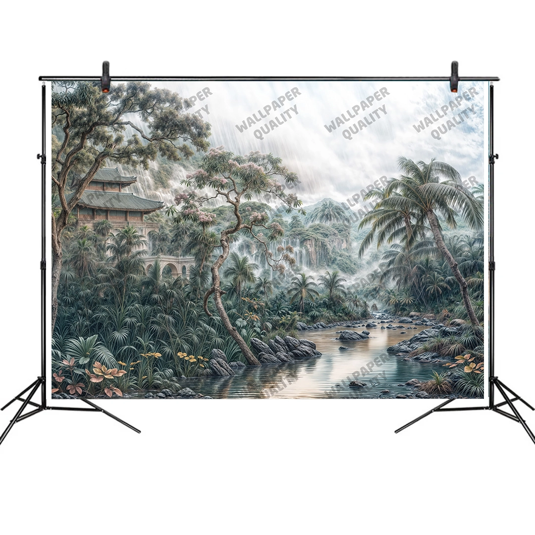 Asya Ormanlarının Gizemli Kalbinden Yükselen Antik Tapınaklar Fon Kumaş