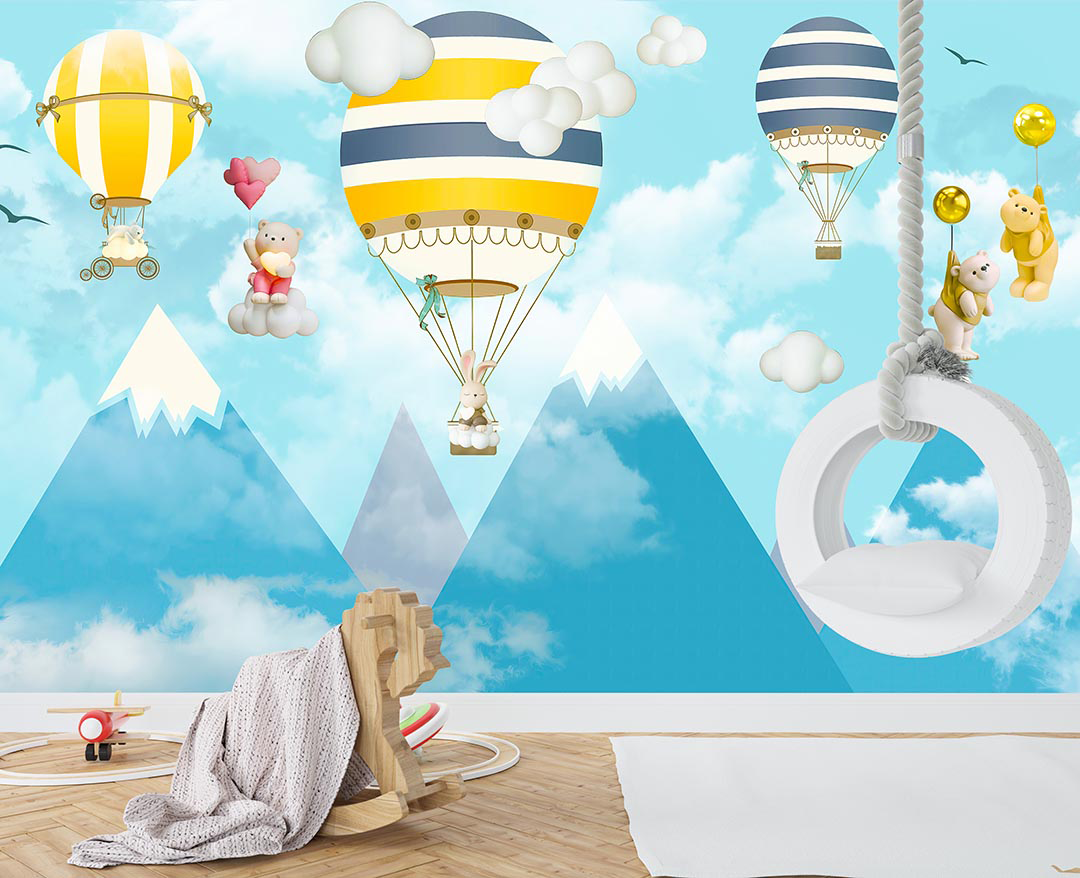 Balonlarla Uçan Sevimli Ayılar Poster Duvar Kağıdı