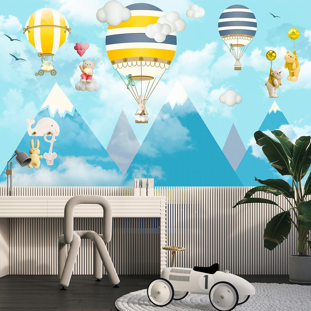 Balonlarla Uçan Sevimli Ayılar Poster Duvar Kağıdı
