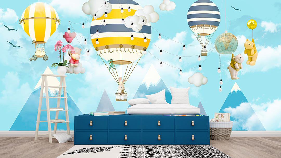 Balonlarla Uçan Sevimli Ayılar Poster Duvar Kağıdı