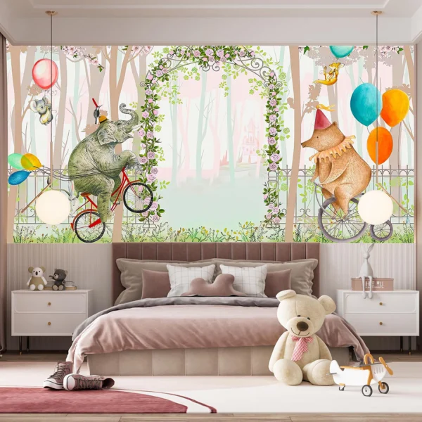 Bisiklette Fil ve Ayının Balonlarla Masalsı Bahçe Yolculuğu Poster Duvar Kağıdı