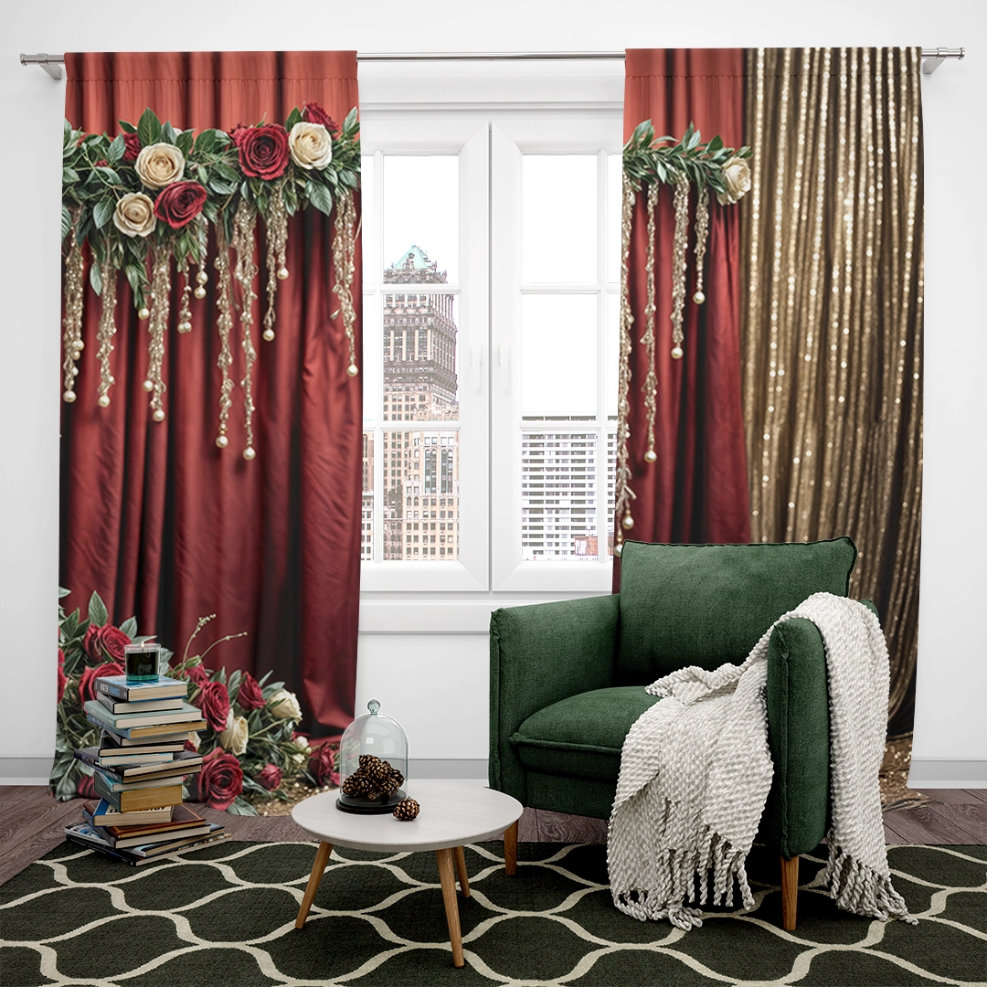 Bordo ve Krem Güllerle Bezeli Kemerin Kadife Perde ve Parıltılı Fonu Fon Perde