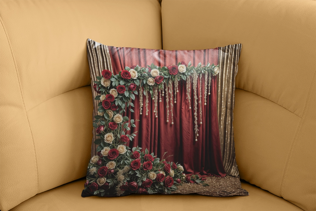 Bordo ve Krem Güllerle Bezeli Kemerin Kadife Perde ve Parıltılı Fonu Kırlent