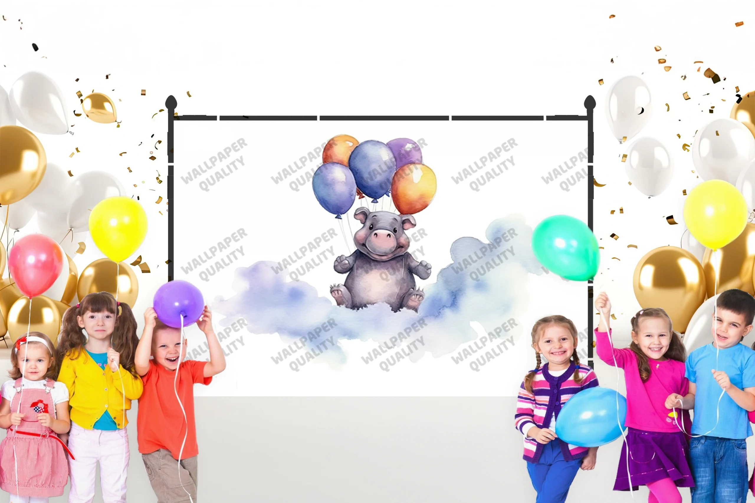 Bulutların Üzerinde Balonlarla Dans Eden Sevimli Su Aygırı Fon Kumaş