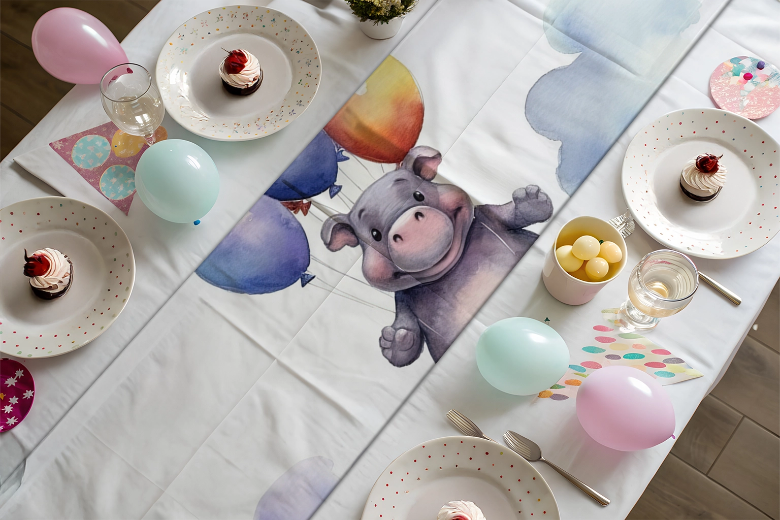 Bulutların Üzerinde Balonlarla Dans Eden Sevimli Su Aygırı Runner