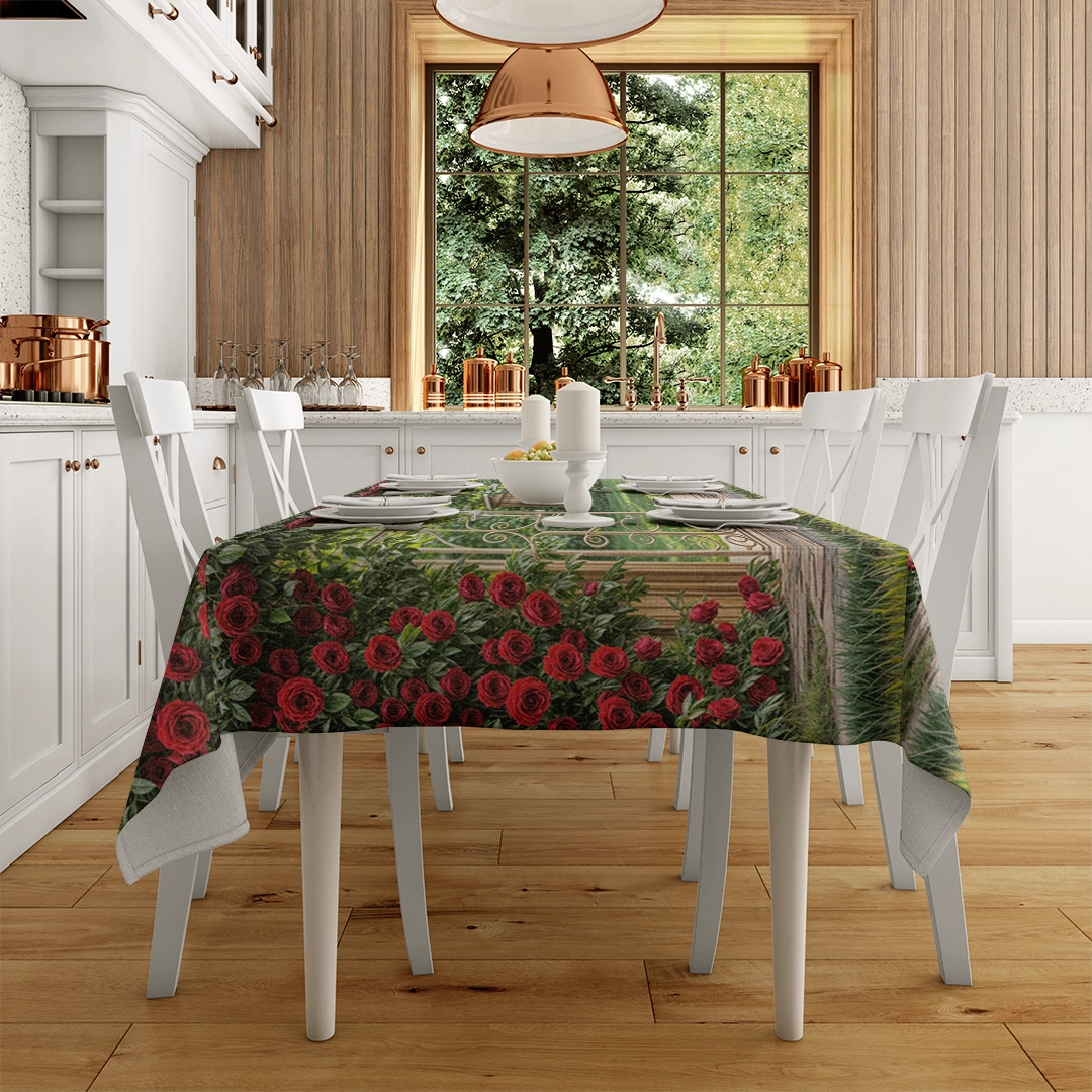 Canlı Kırmızı Güllerle Bezeli İhtişamlı Kemerin Romantizmi Masa Örtüsü