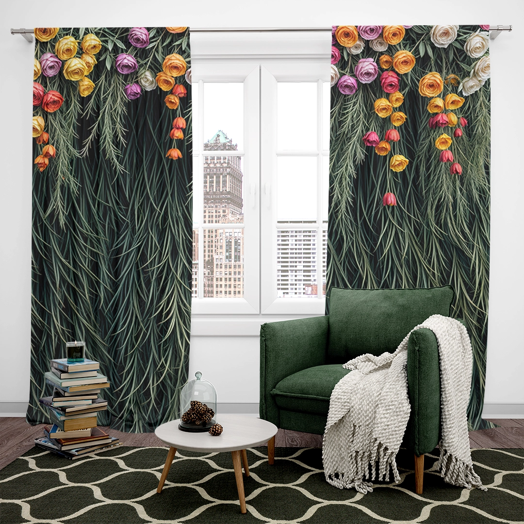 Canlı Turuncu Pembe Mor ve Beyaz Çiçeklerle Bezenmiş Zarafet Fon Perde