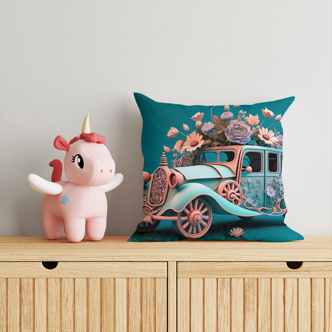 Çiçeklerle Süslenmiş 3D Nostaljik Klasik Araba Kırlent