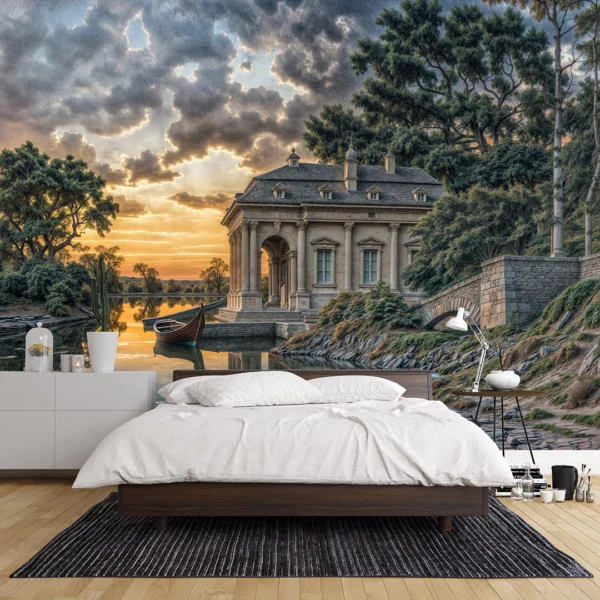 Fransız Köşkünün Romantik Gün Batımı Poster Duvar Kağıdı