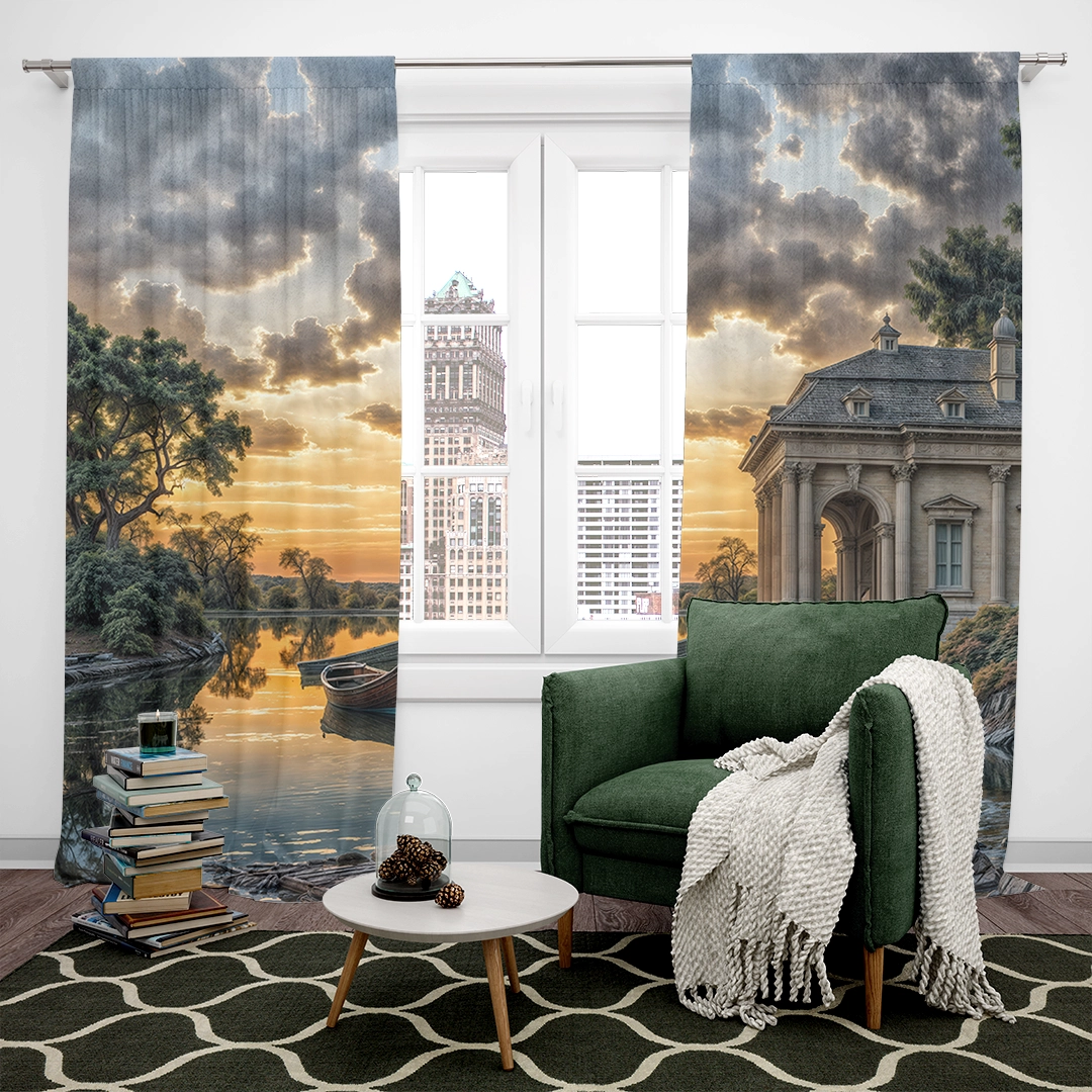 Fransız Köşkünün Romantik Gün Batımı Fon Perde