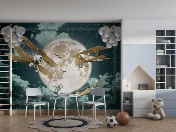 Geceyi Aydınlatan Uçan Balonlar ve Retro Uçaklar Poster Duvar Kağıdı