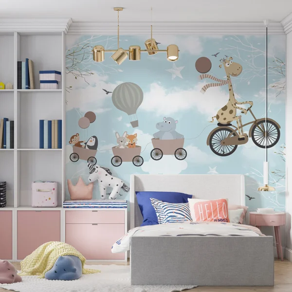 Gökyüzünde Pedal Çeviren Neşeli Zürafa ve Sihirli Treniyle Tatlı Bir Macera Poster Duvar Kağıdı
