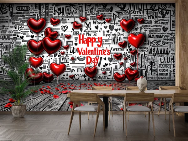 Grafiti Duvarında Kırmızı Kalplerin Dansıyla Romantik Mesaj Poster Duvar Kağıdı