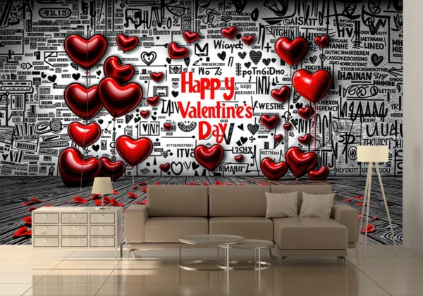 Grafiti Duvarında Kırmızı Kalplerin Dansıyla Romantik Mesaj Poster Duvar Kağıdı