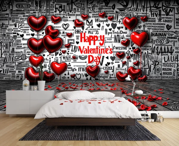 Grafiti Duvarında Kırmızı Kalplerin Dansıyla Romantik Mesaj Poster Duvar Kağıdı