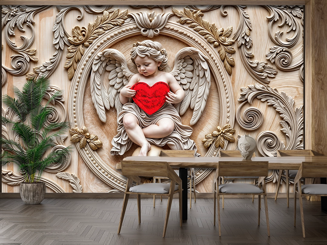 Kalbinde Kırmızı Bir Aşkı Taşıyan Melek Kabartması Poster Duvar Kağıdı