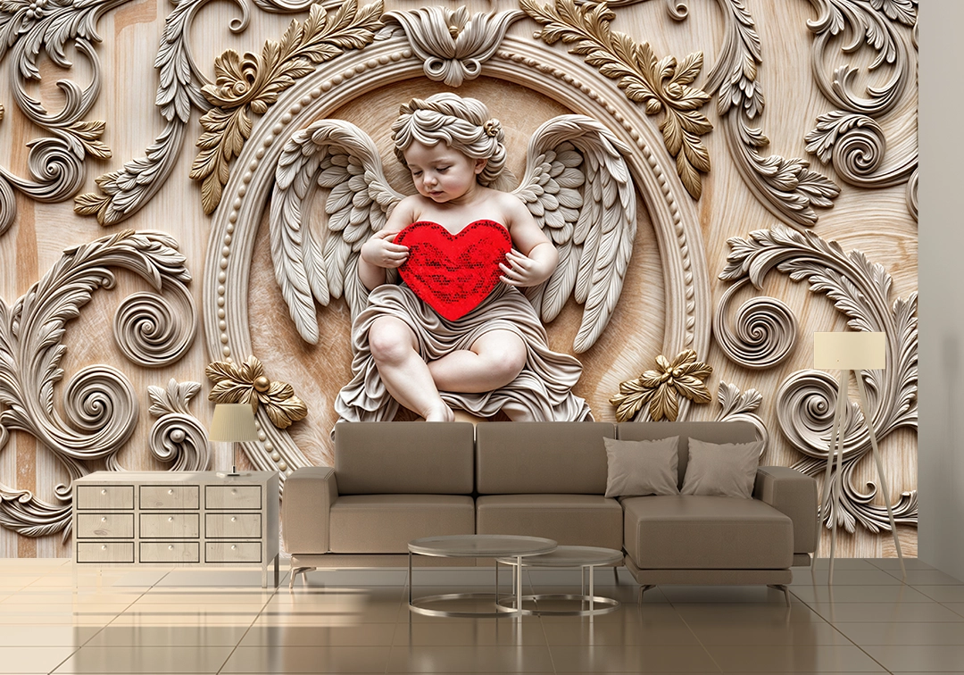 Kalbinde Kırmızı Bir Aşkı Taşıyan Melek Kabartması Poster Duvar Kağıdı