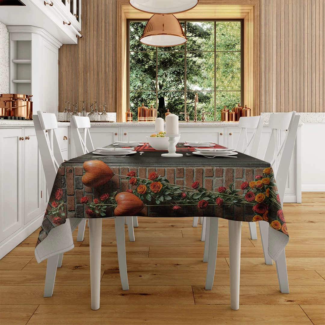 Kalpler ve Nostaljik Telefon Kulübesiyle Sonsuz Romantizm Masa Örtüsü