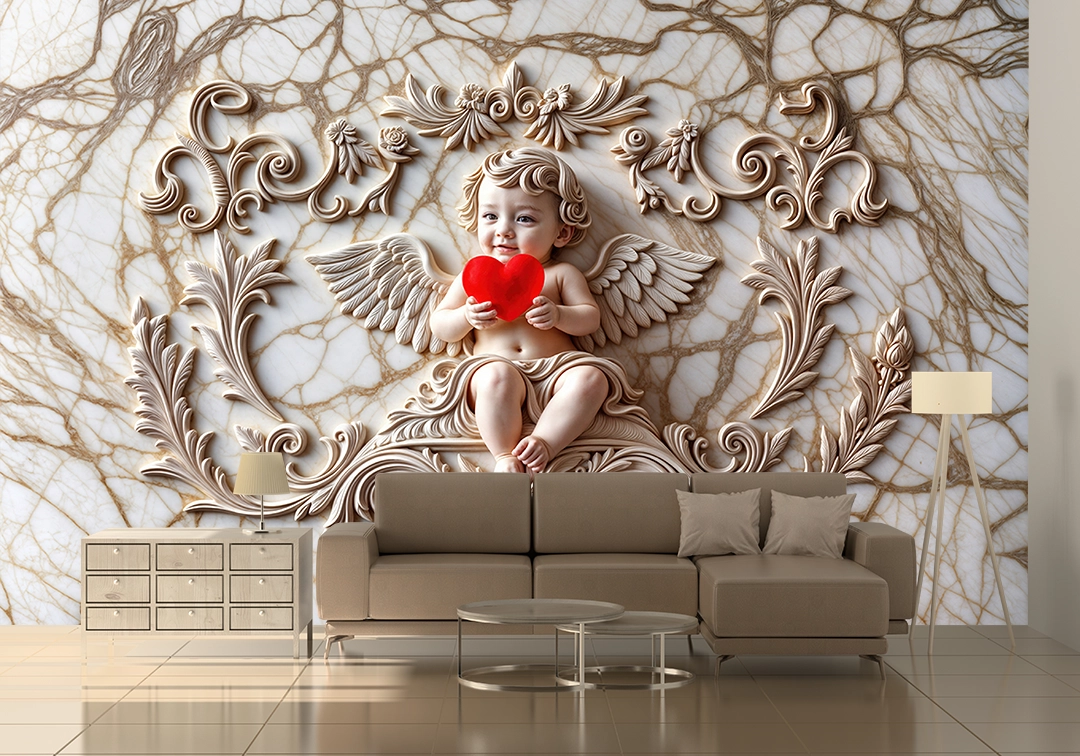 Kanatlı Melek Kabartması Mermer Dokulu Sanatsal Tasarım Poster Duvar Kağıdı