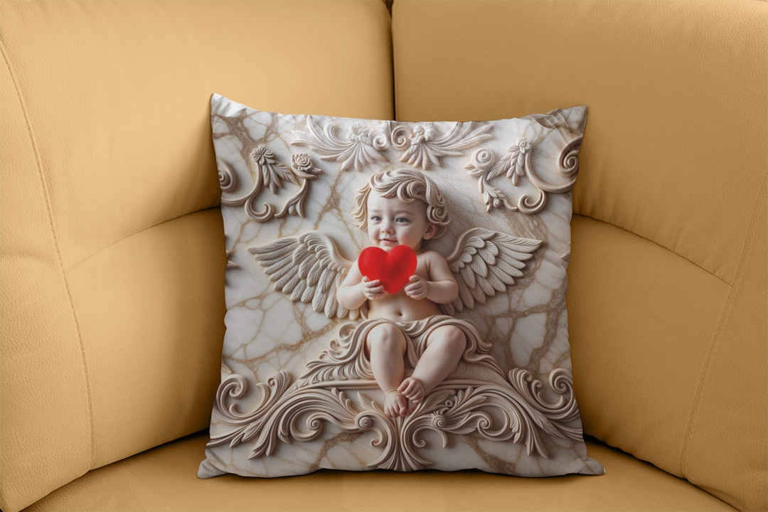 Kanatlı Melek Kabartması Mermer Dokulu Sanatsal Tasarım Kırlent