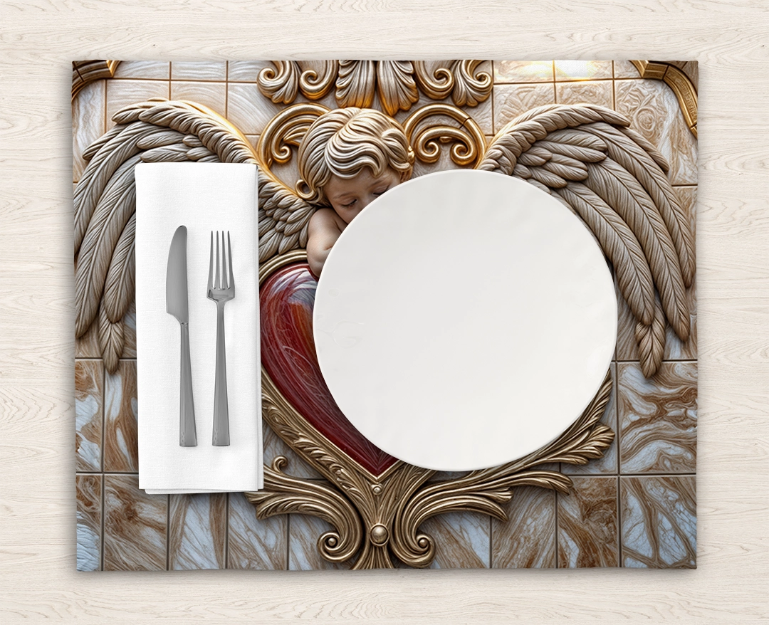 Kanatlı Melek Kabartması Parlak Kırmızı Kalp Tasarımı Amerikan Servis