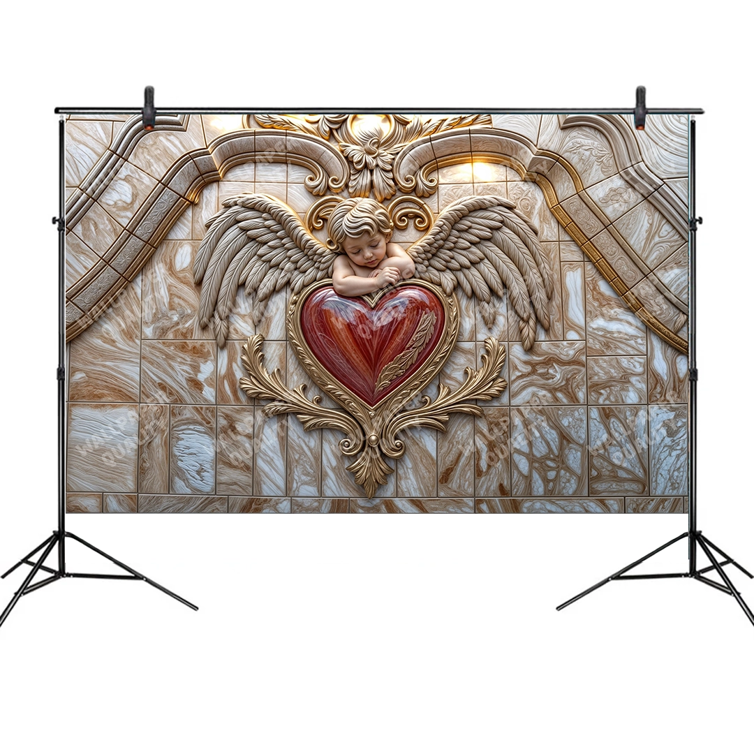 Kanatlı Melek Kabartması Parlak Kırmızı Kalp Tasarımı Fon Kumaş