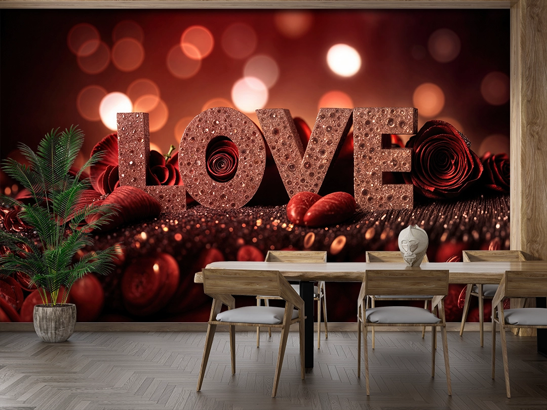 Kırmızı Güller Işıltılı "LOVE" Harfleri ve Romantik Işıklar Poster Duvar Kağıdı