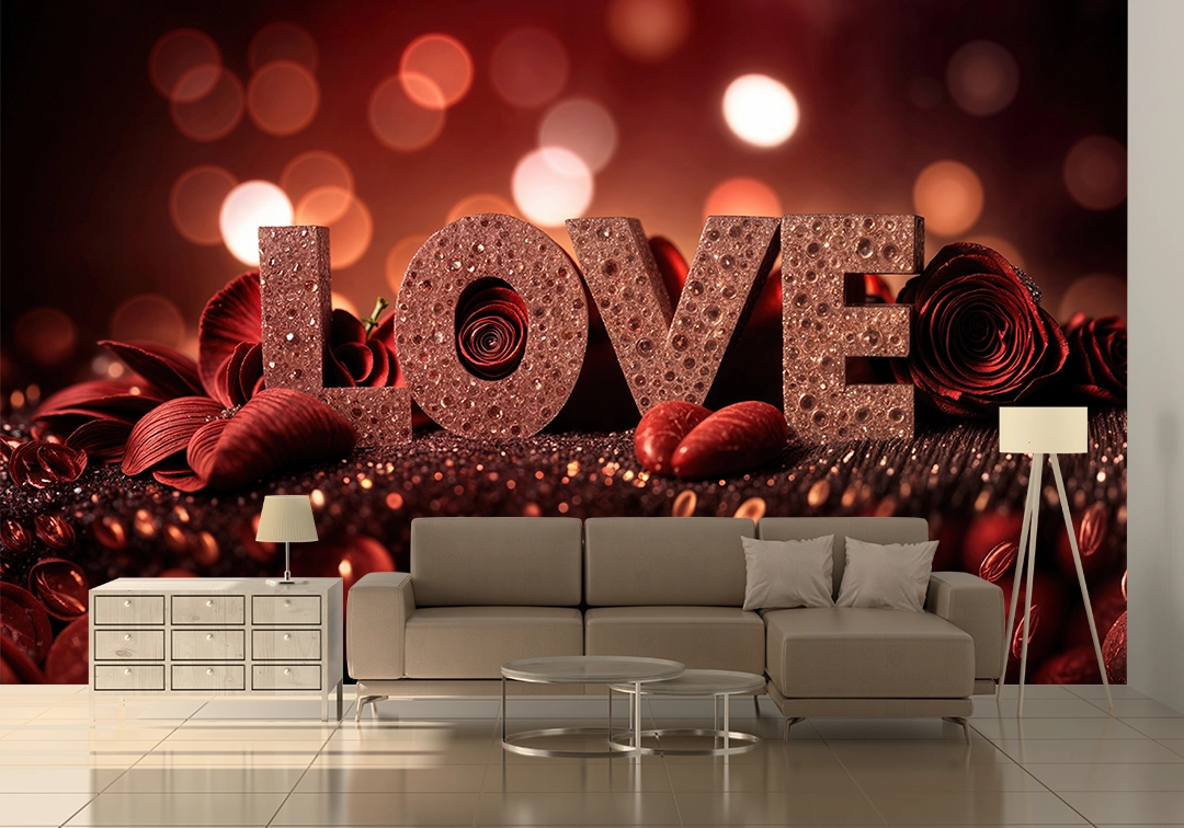 Kırmızı Güller Işıltılı "LOVE" Harfleri ve Romantik Işıklar Poster Duvar Kağıdı