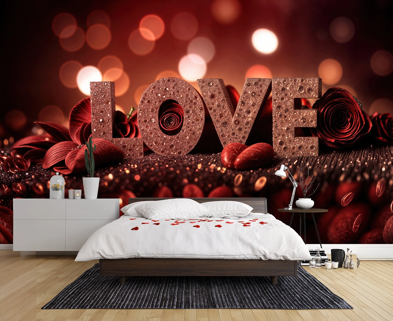 Kırmızı Güller Işıltılı "LOVE" Harfleri ve Romantik Işıklar Poster Duvar Kağıdı