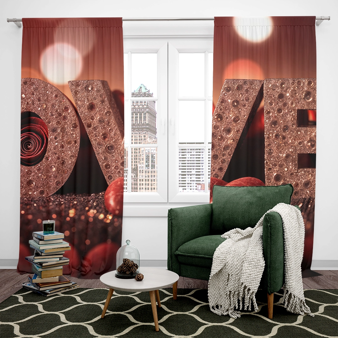 Kırmızı Güller Işıltılı "LOVE" Harfleri ve Romantik Işıklar Fon Perde