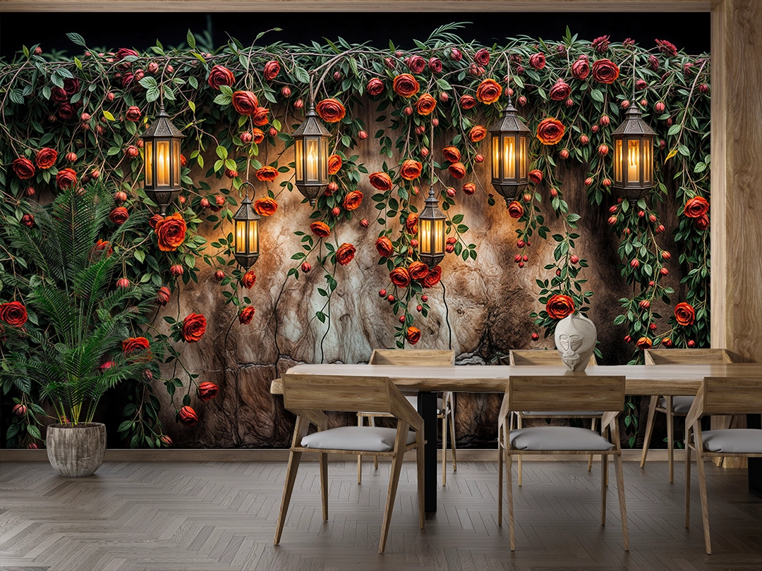 Kırmızı Güller Kuşburnu Detayları ve Antik Fenerlerin Büyülü Işıltısı Poster Duvar Kağıdı