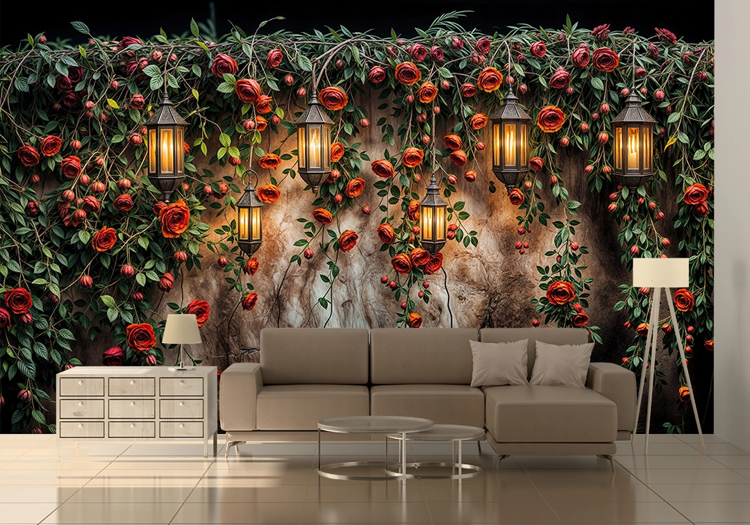 Kırmızı Güller Kuşburnu Detayları ve Antik Fenerlerin Büyülü Işıltısı Poster Duvar Kağıdı