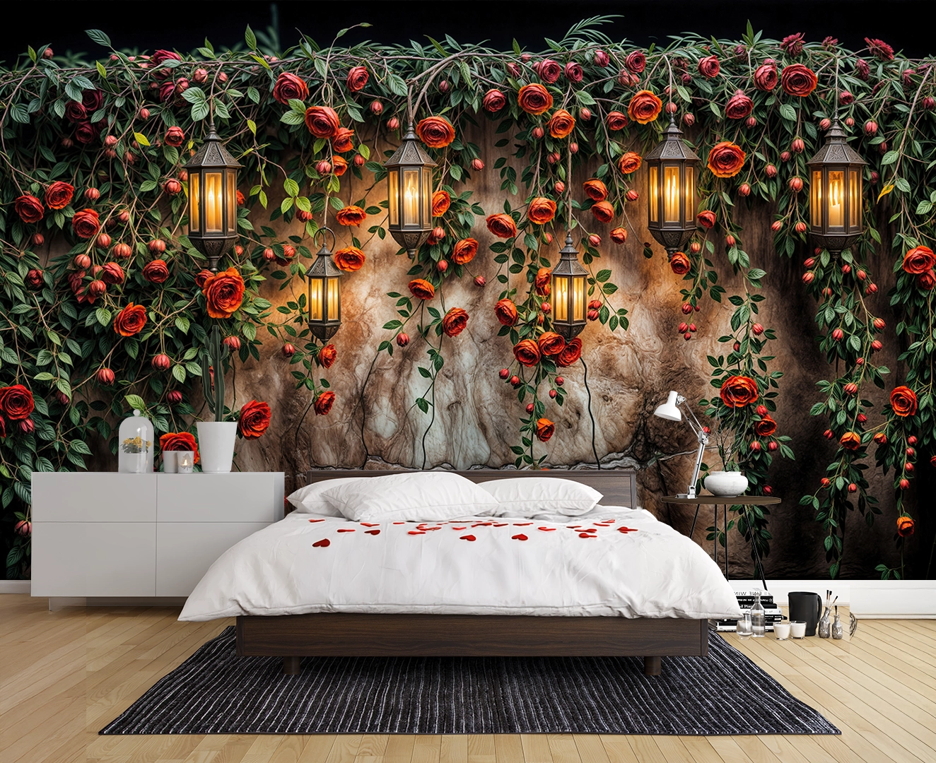 Kırmızı Güller Kuşburnu Detayları ve Antik Fenerlerin Büyülü Işıltısı Poster Duvar Kağıdı