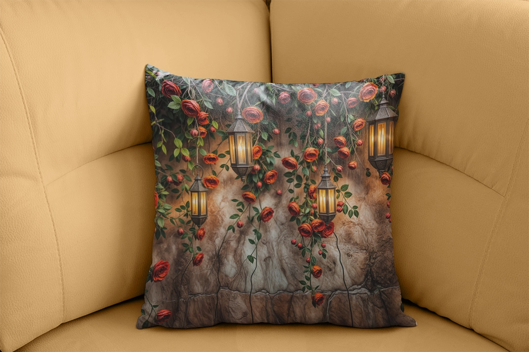 Kırmızı Güller Kuşburnu Detayları ve Antik Fenerlerin Büyülü Işıltısı Kırlent