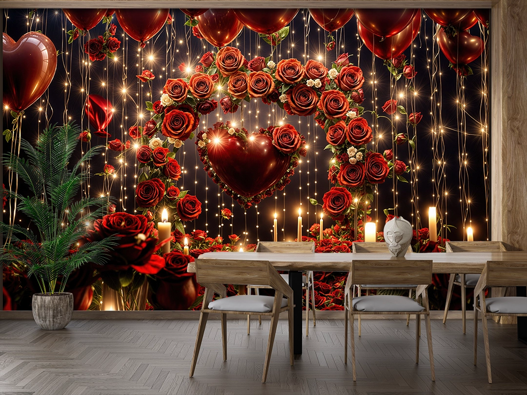 Kırmızı Güllerle Bezeli Kalp Fonu ve Romantik Işıklar Poster Duvar Kağıdı