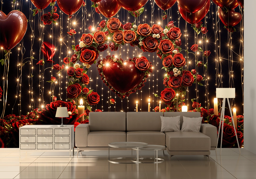 Kırmızı Güllerle Bezeli Kalp Fonu ve Romantik Işıklar Poster Duvar Kağıdı