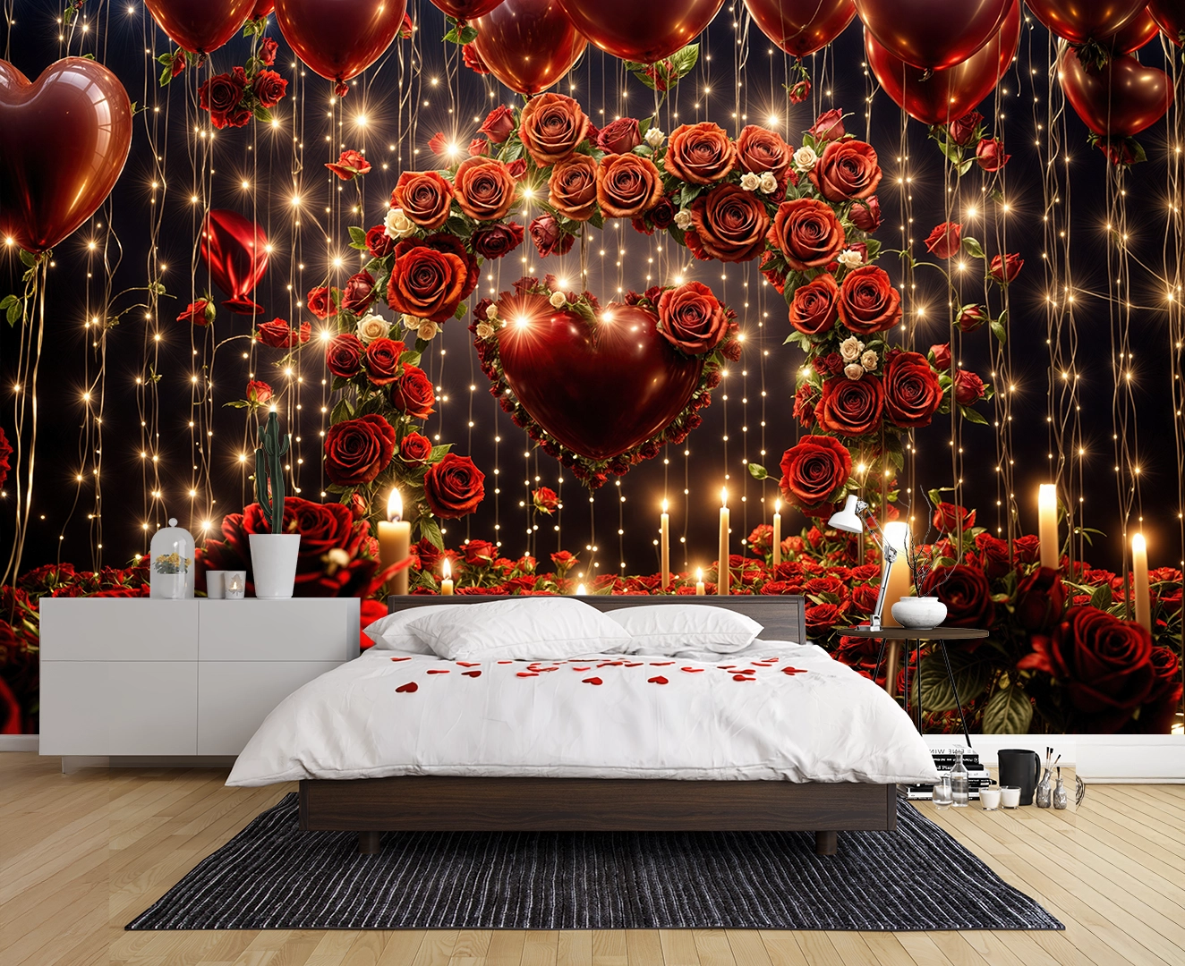 Kırmızı Güllerle Bezeli Kalp Fonu ve Romantik Işıklar Poster Duvar Kağıdı