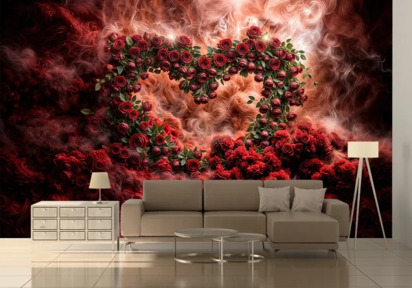 Kırmızı Güllerle Bezeli Patlayan Kalp ve Büyülü Dumanların Dansı Poster Duvar Kağıdı