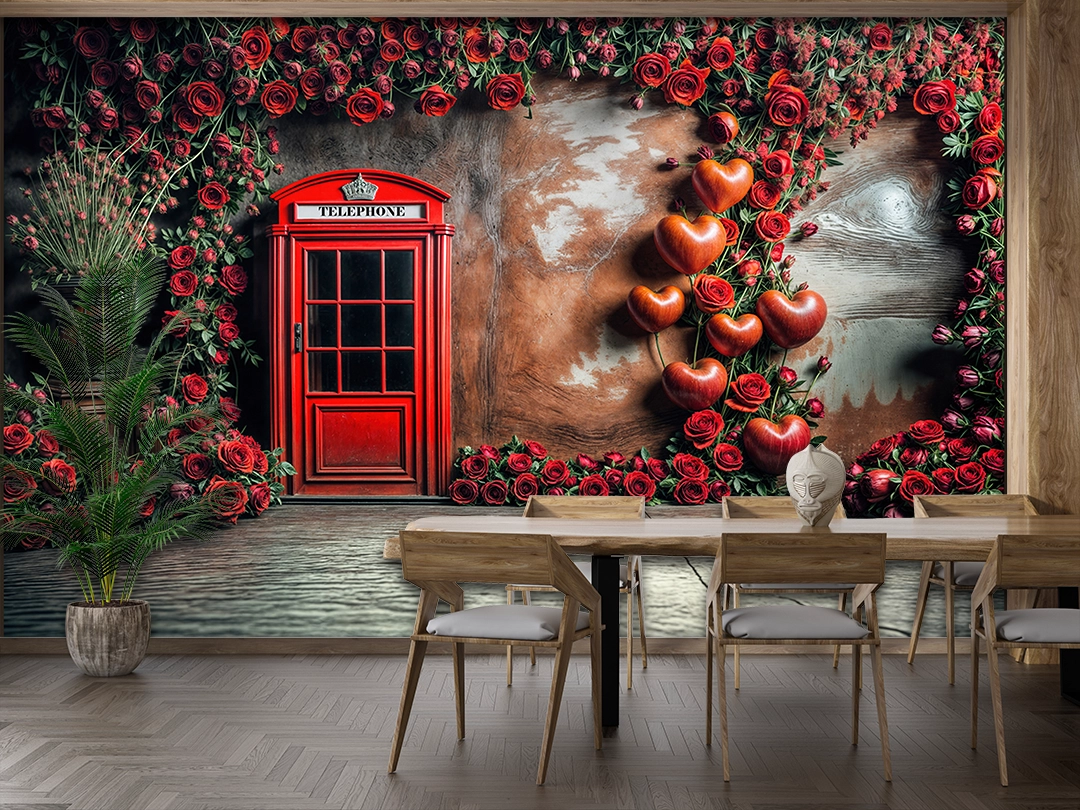 Kırmızı Güllerle Sarılmış Antik Telefon Kulübesi Poster Duvar Kağıdı