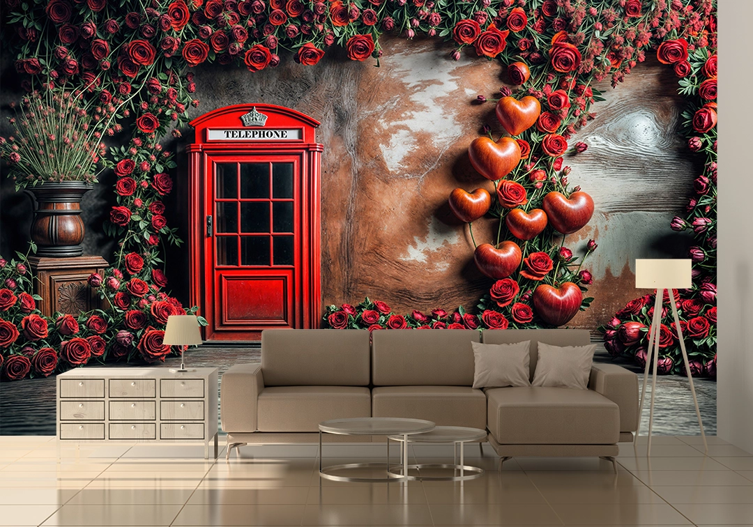 Kırmızı Güllerle Sarılmış Antik Telefon Kulübesi Poster Duvar Kağıdı