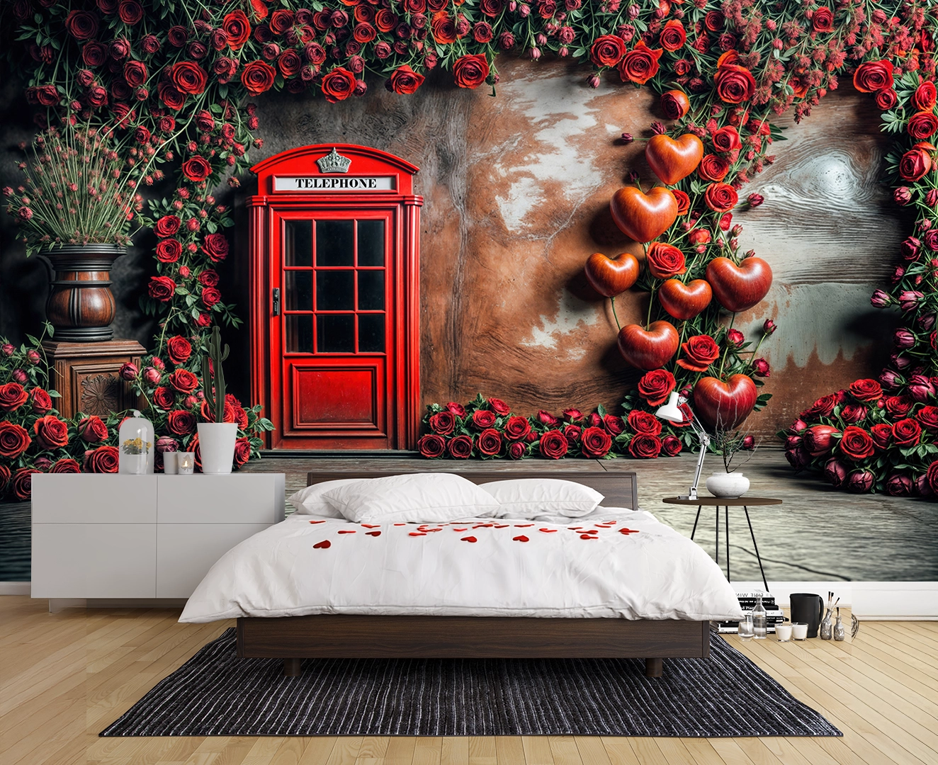 Kırmızı Güllerle Sarılmış Antik Telefon Kulübesi Poster Duvar Kağıdı