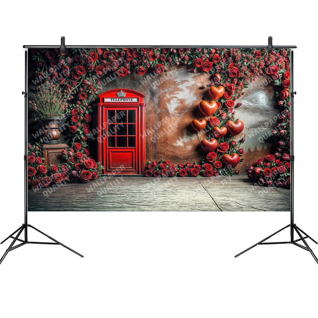 Kırmızı Güllerle Sarılmış Antik Telefon Kulübesi Fon Kumaş