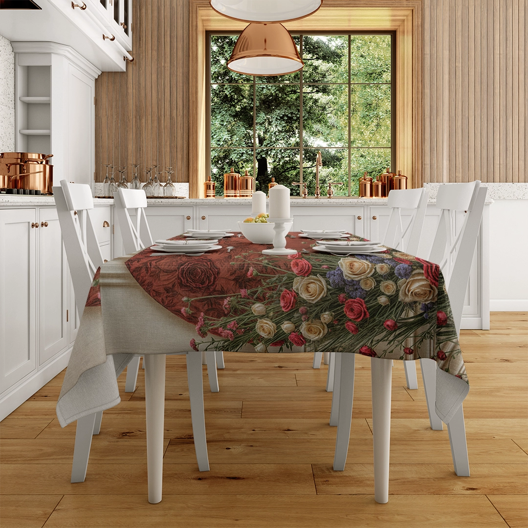Kırmızı Kadife Üzerine İşlenmiş Çiçek Bahçesiyle Sonsuz Aşkın ve Kutlaması Masa Örtüsü