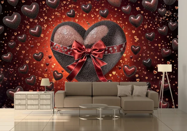 Kırmızı Kurdeleli Işıltılı Büyük Kalbin Romantizmi Poster Duvar Kağıdı