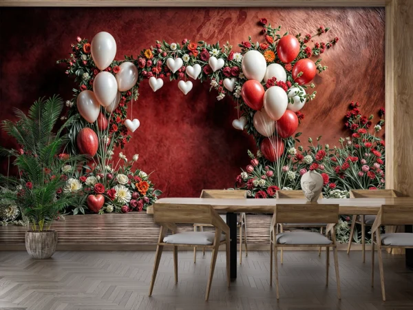 Kırmızı ve Beyaz Balonlarla Süslenmiş Çiçekli Kemerler Poster Duvar Kağıdı