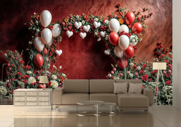 Kırmızı ve Beyaz Balonlarla Süslenmiş Çiçekli Kemerler Poster Duvar Kağıdı