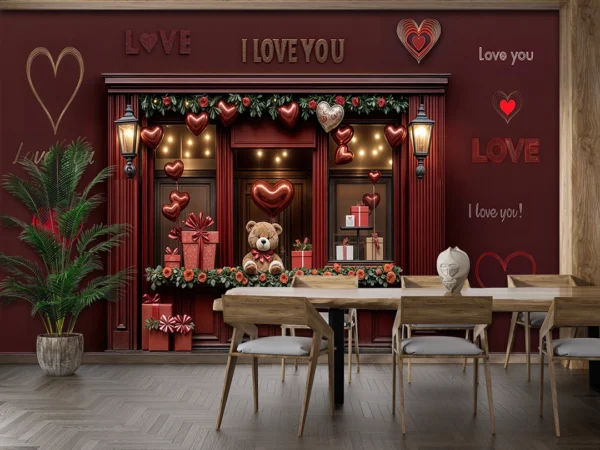 Kırmızı ve Bordo Tonlarında Kalpler Güller ve Hediyeler Poster Duvar Kağıdı
