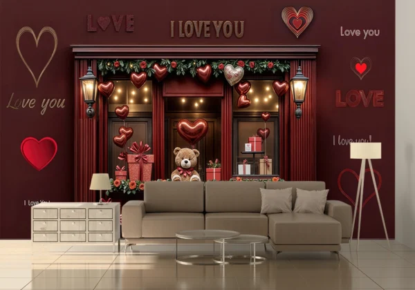 Kırmızı ve Bordo Tonlarında Kalpler Güller ve Hediyeler Poster Duvar Kağıdı
